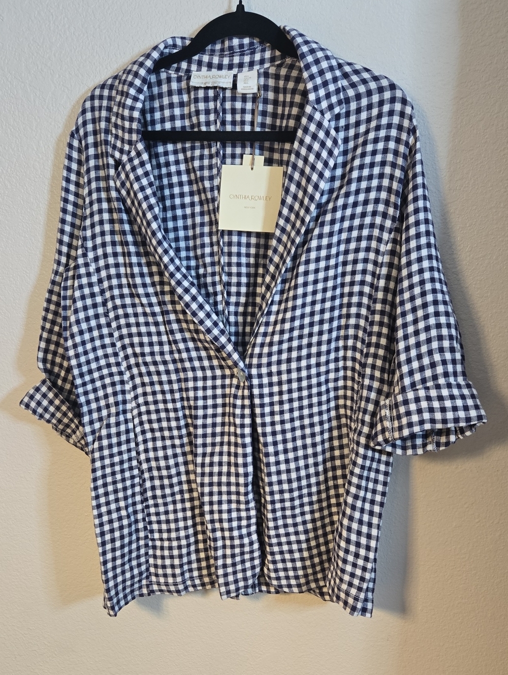 Cynthia Rowley Navy and White Gingham Linen Blazer